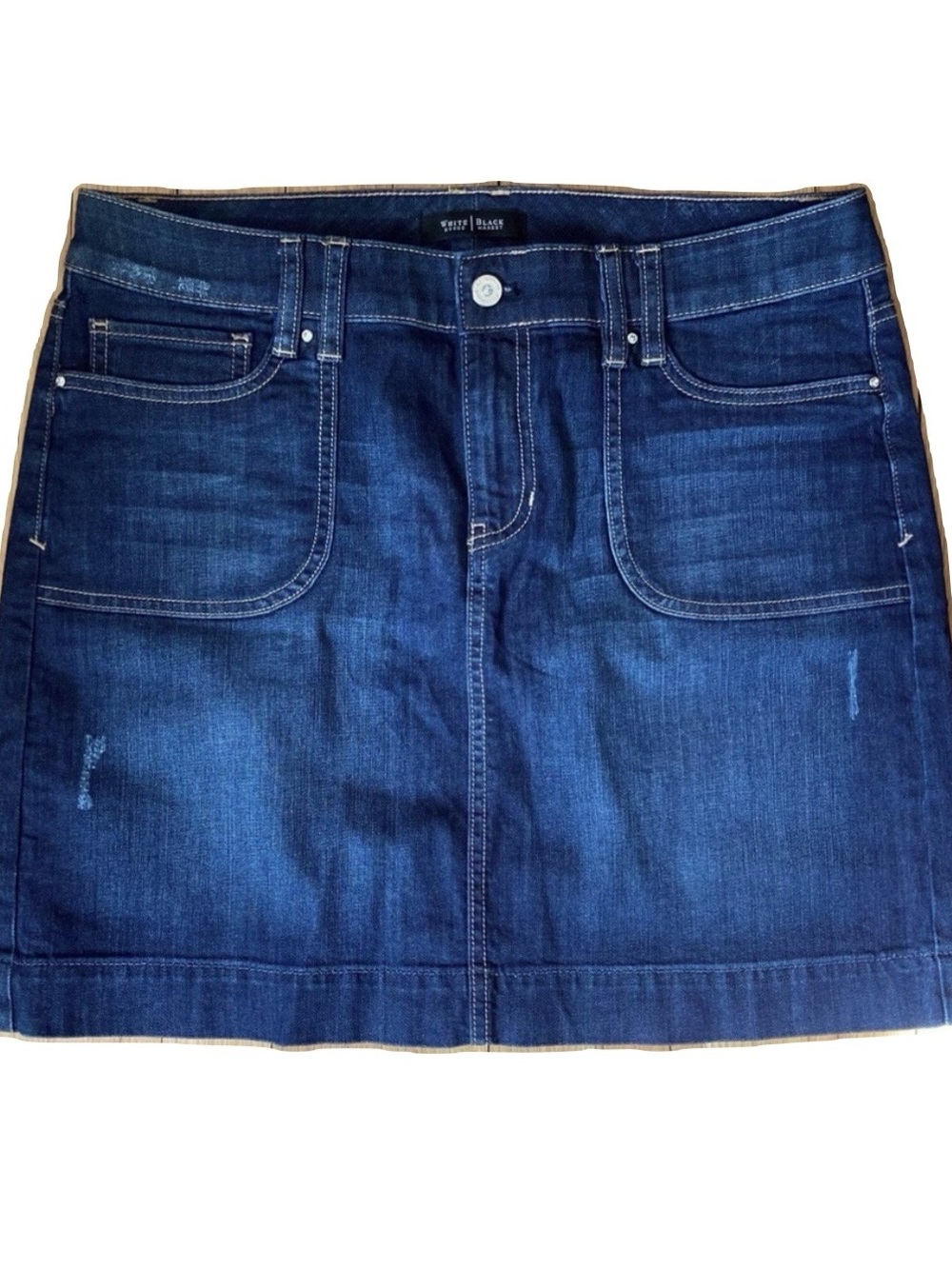 NWOT White House/Black Market denim skirt; rhinestone detail. Size 8